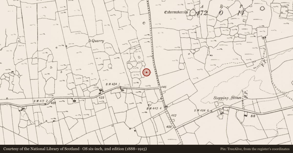 Ordnance Survey six-inch map, 2nd edition (1888–1915) covering the location of Enclosure, Ballyconnoe South, County Clare, with a pin at the register's coordinates