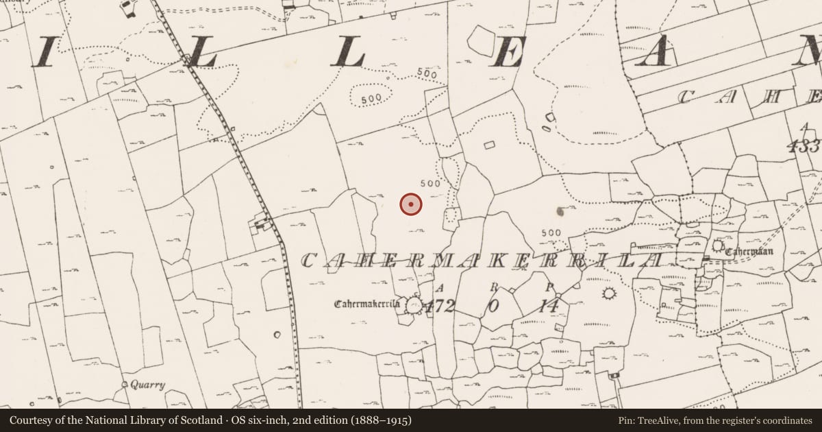 Ordnance Survey six-inch map, 2nd edition (1888–1915) covering the location of Enclosure, Cahermakerrila, County Clare, with a pin at the register's coordinates