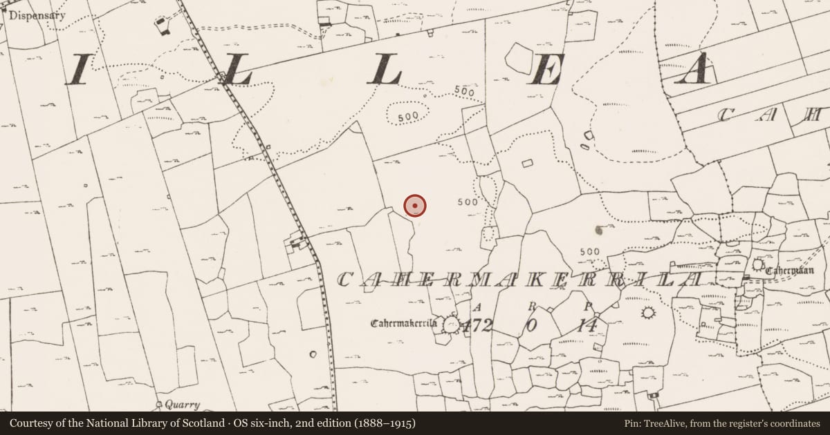 Ordnance Survey six-inch map, 2nd edition (1888–1915) covering the location of Enclosure, Cahermakerrila, County Clare, with a pin at the register's coordinates