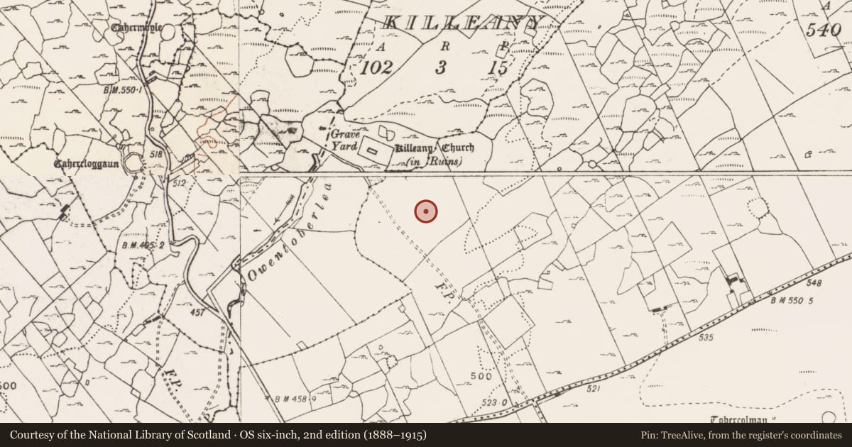 Ordnance Survey six-inch map, 2nd edition (1888–1915) covering the location of Enclosure, Ballyconnoe North, County Clare, with a pin at the register's coordinates
