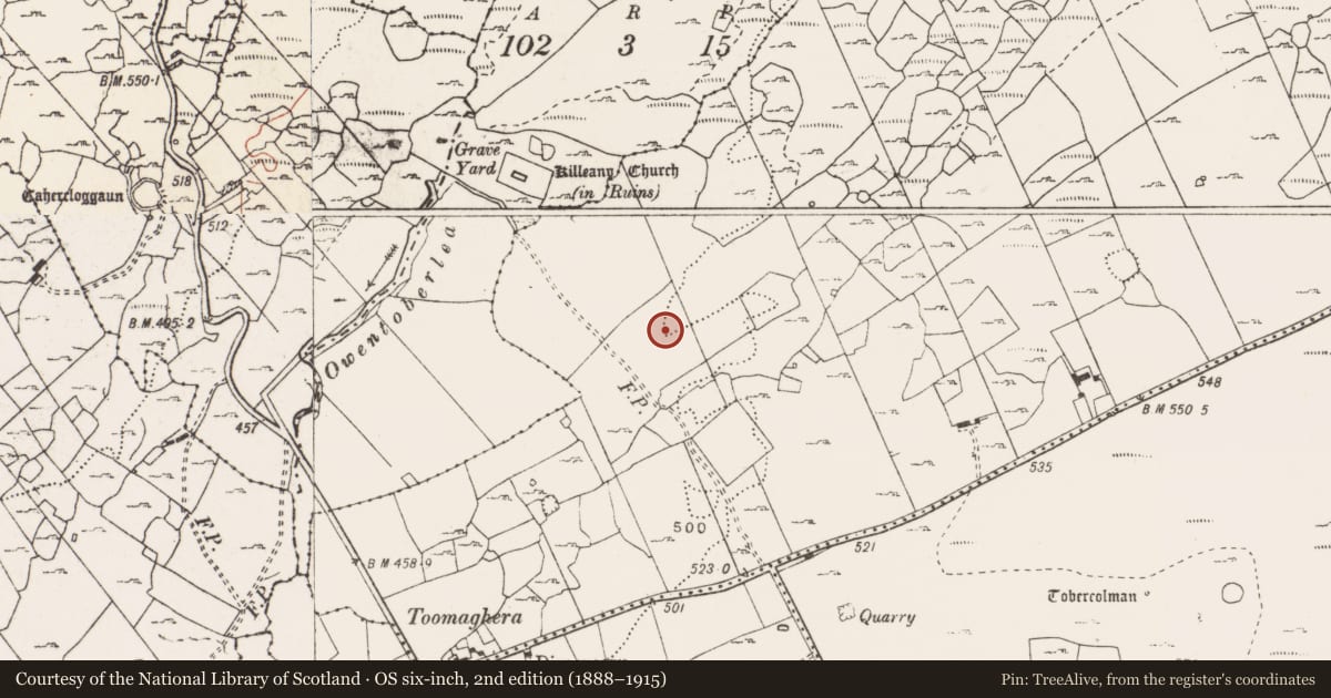 Ordnance Survey six-inch map, 2nd edition (1888–1915) covering the location of Enclosure, Ballyconnoe North, County Clare, with a pin at the register's coordinates