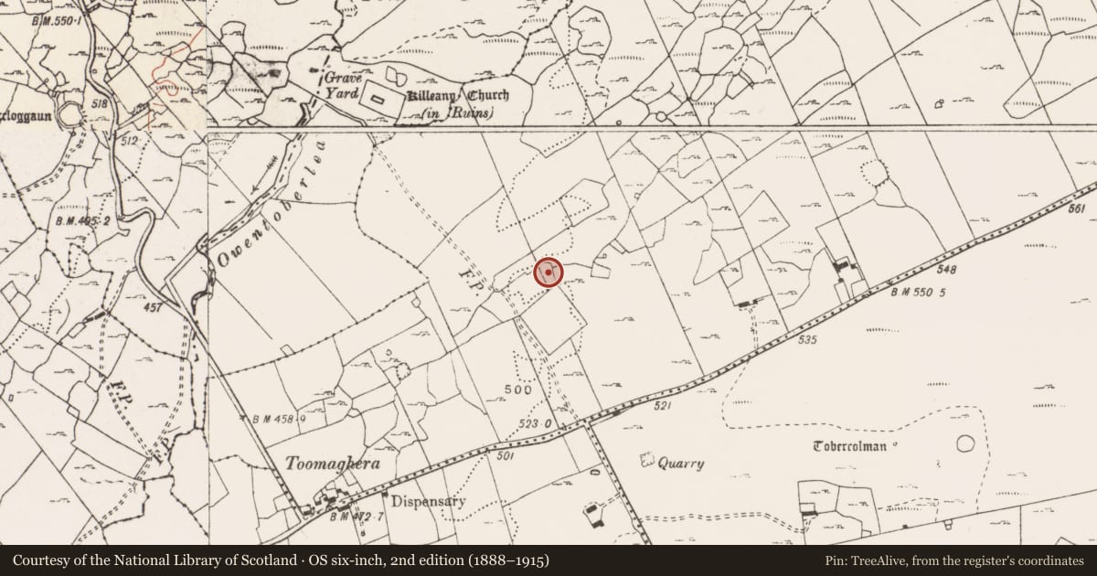 Ordnance Survey six-inch map, 2nd edition (1888–1915) covering the location of Enclosure, Ballyconnoe North, County Clare, with a pin at the register's coordinates
