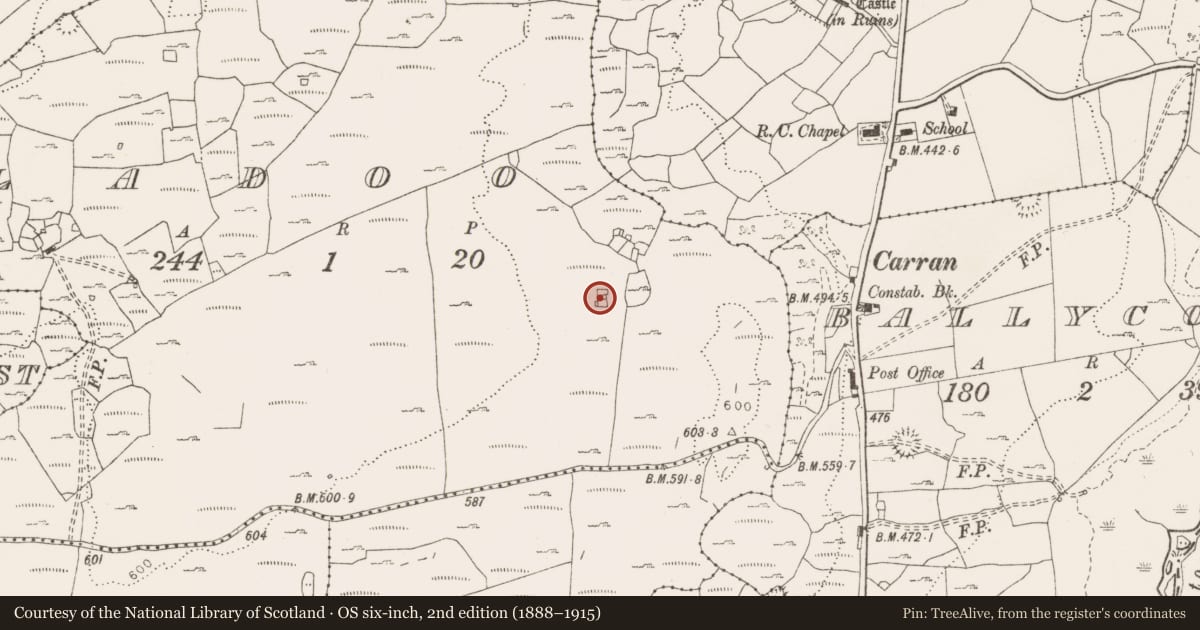 Ordnance Survey six-inch map, 2nd edition (1888–1915) covering the location of Church, Sladoo, County Clare, with a pin at the register's coordinates