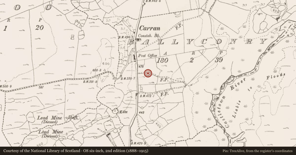 Ordnance Survey six-inch map, 2nd edition (1888–1915) covering the location of Ringfort - cashel, Ballyconry, County Clare, with a pin at the register's coordinates