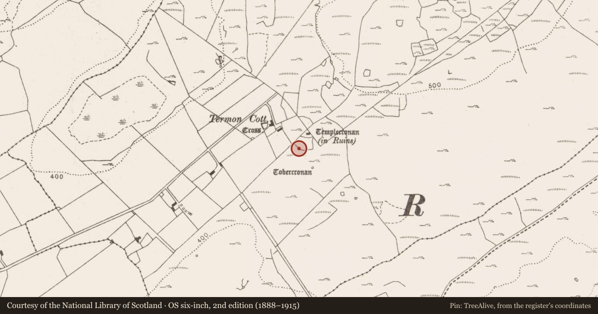 Ordnance Survey six-inch map, 2nd edition (1888–1915) covering the location of Ecclesiastical enclosure, Termon, County Clare, with a pin at the register's coordinates