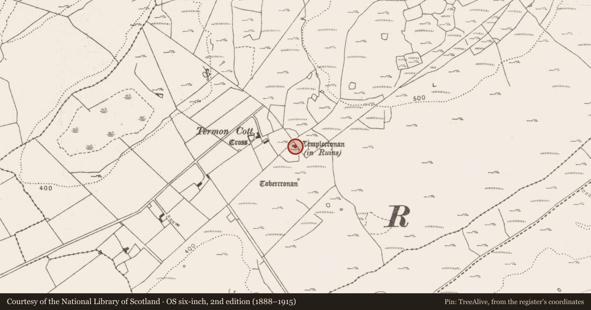 Ordnance Survey six-inch map, 2nd edition (1888–1915) covering the location of Church, Termon, County Clare, with a pin at the register's coordinates