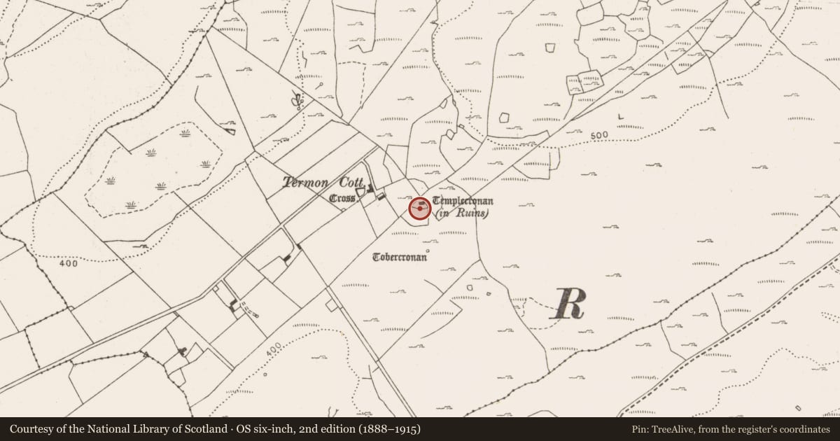 Ordnance Survey six-inch map, 2nd edition (1888–1915) covering the location of Graveyard, Termon, County Clare, with a pin at the register's coordinates