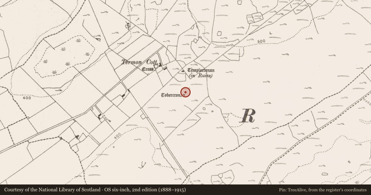 Ordnance Survey six-inch map, 2nd edition (1888–1915) covering the location of Ritual site - holy well, Termon, County Clare, with a pin at the register's coordinates