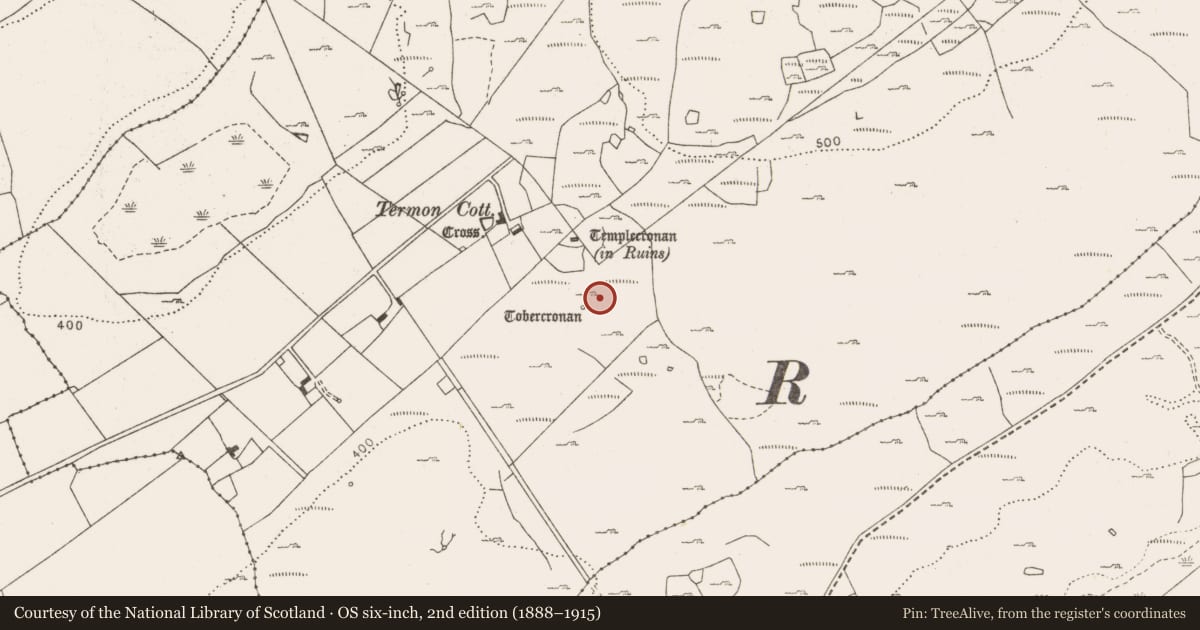 Ordnance Survey six-inch map, 2nd edition (1888–1915) covering the location of Ritual site - holy well, Termon, County Clare, with a pin at the register's coordinates