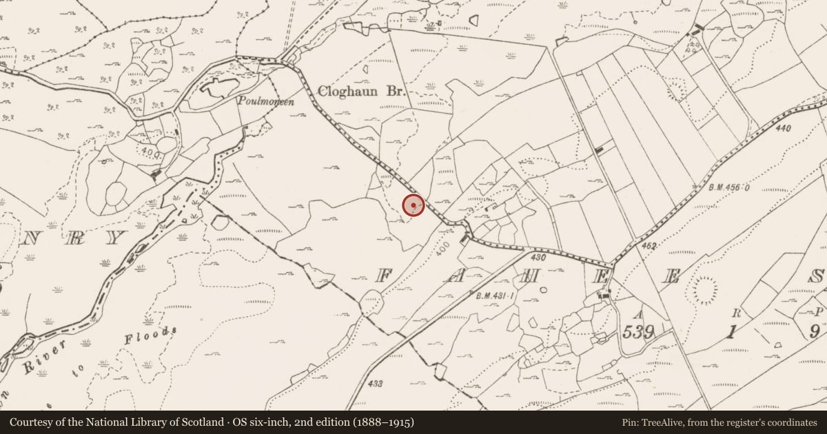 Ordnance Survey six-inch map, 2nd edition (1888–1915) covering the location of Fulacht fia, Fahee South, County Clare, with a pin at the register's coordinates