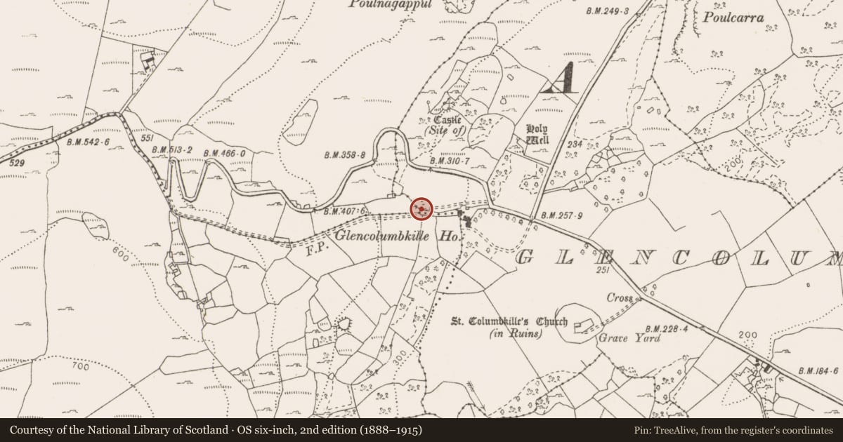 Ordnance Survey six-inch map, 2nd edition (1888–1915) covering the location of Barrow - ring-barrow, Fahee North, Glencolumbkille South, County Clare, with a pin at the register's coordinates