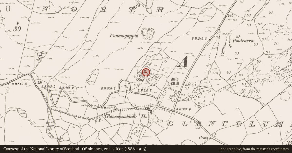 Ordnance Survey six-inch map, 2nd edition (1888–1915) covering the location of Castle - tower house, Glencolumbkille South, County Clare, with a pin at the register's coordinates