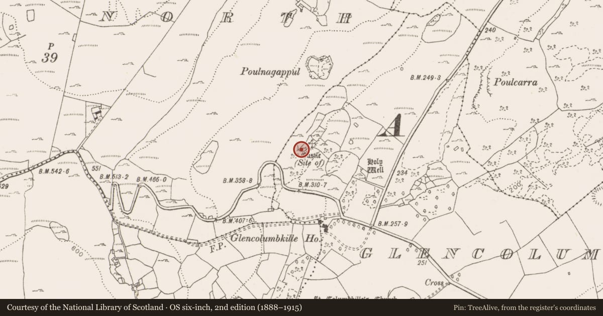 Ordnance Survey six-inch map, 2nd edition (1888–1915) covering the location of Fulacht fia, Glencolumbkille South, County Clare, with a pin at the register's coordinates