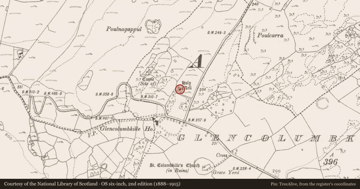 Ordnance Survey six-inch map, 2nd edition (1888–1915) covering the location of Ritual site - holy well, Glencolumbkille South, County Clare, with a pin at the register's coordinates