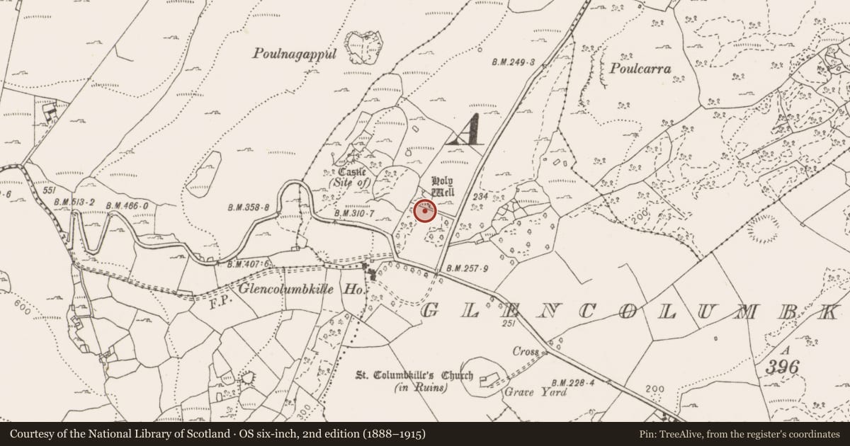 Ordnance Survey six-inch map, 2nd edition (1888–1915) covering the location of Fulacht fia, Glencolumbkille South, County Clare, with a pin at the register's coordinates