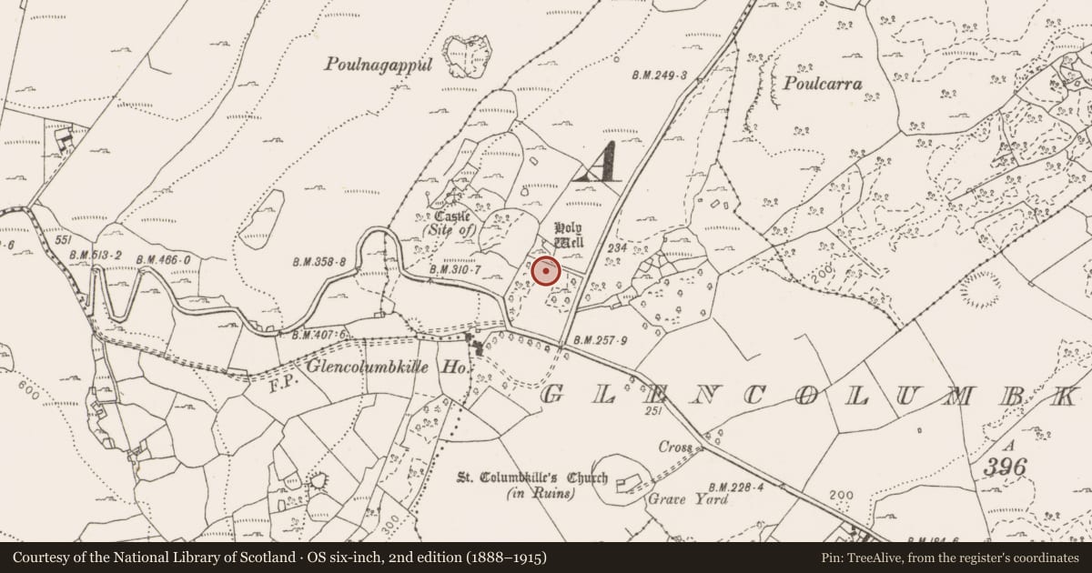 Ordnance Survey six-inch map, 2nd edition (1888–1915) covering the location of Fulacht fia, Glencolumbkille South, County Clare, with a pin at the register's coordinates