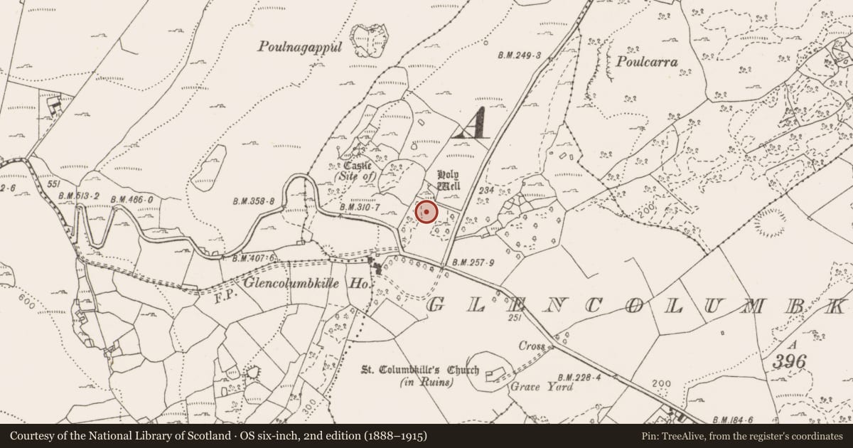 Ordnance Survey six-inch map, 2nd edition (1888–1915) covering the location of Fulacht fia, Glencolumbkille South, County Clare, with a pin at the register's coordinates