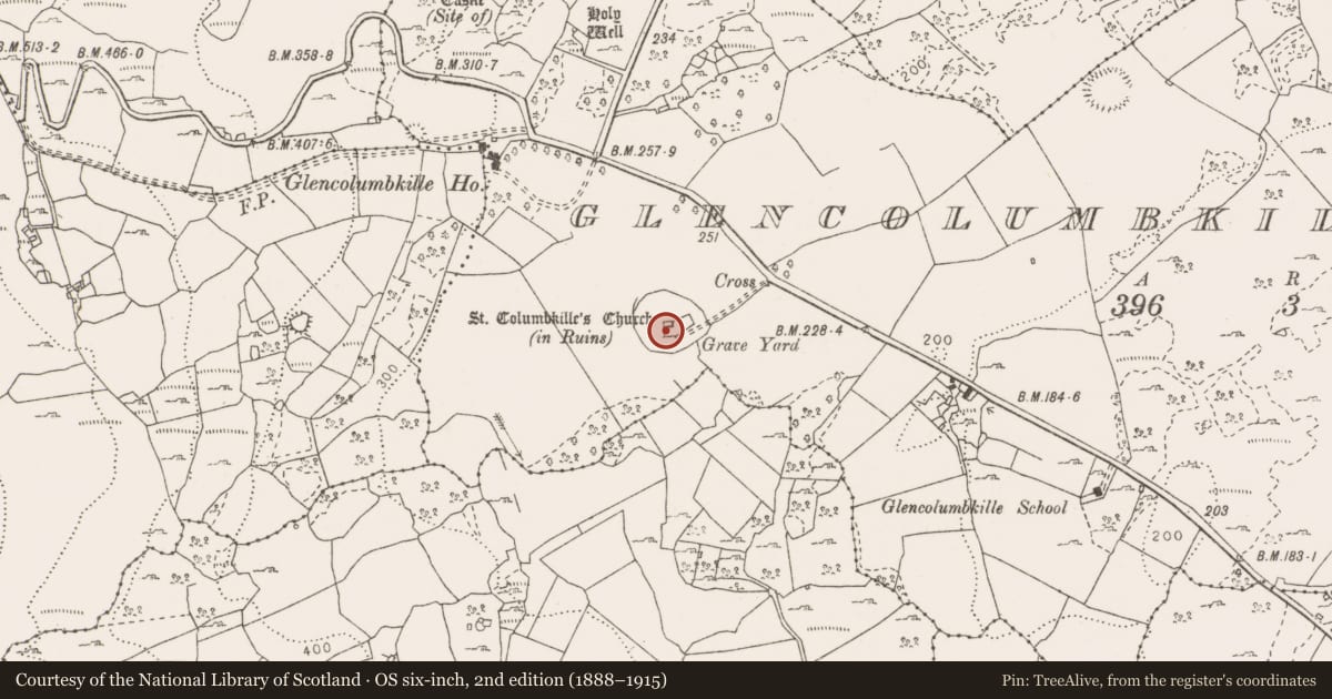 Ordnance Survey six-inch map, 2nd edition (1888–1915) covering the location of Ecclesiastical enclosure, Glencolumbkille South, County Clare, with a pin at the register's coordinates