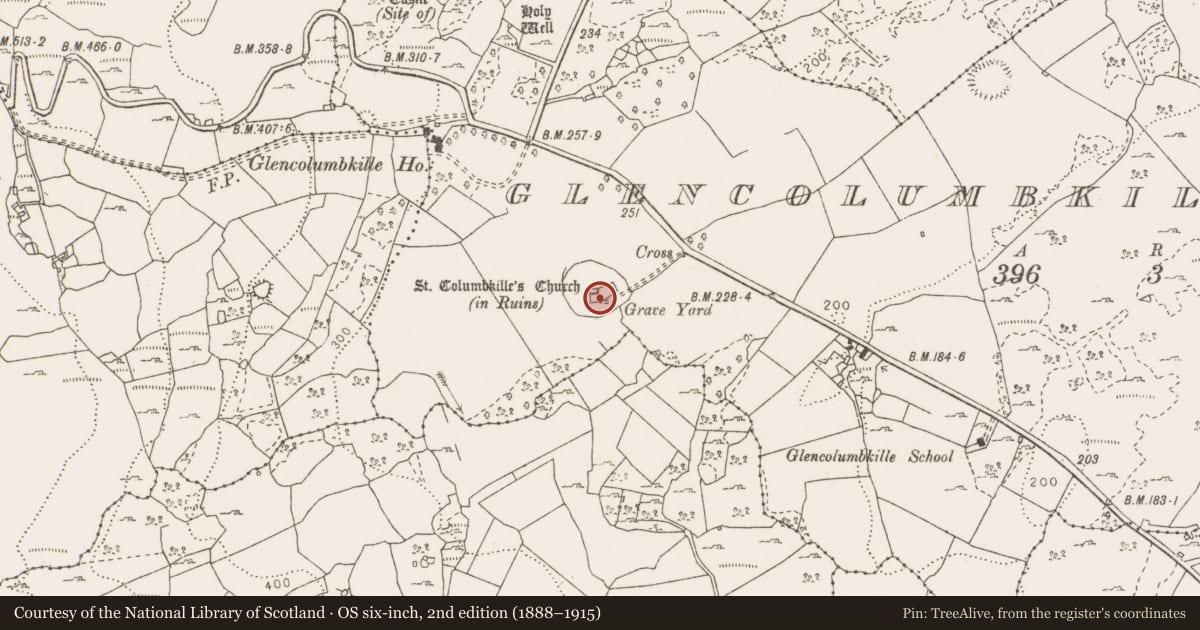 Ordnance Survey six-inch map, 2nd edition (1888–1915) covering the location of Church, Glencolumbkille South, County Clare, with a pin at the register's coordinates