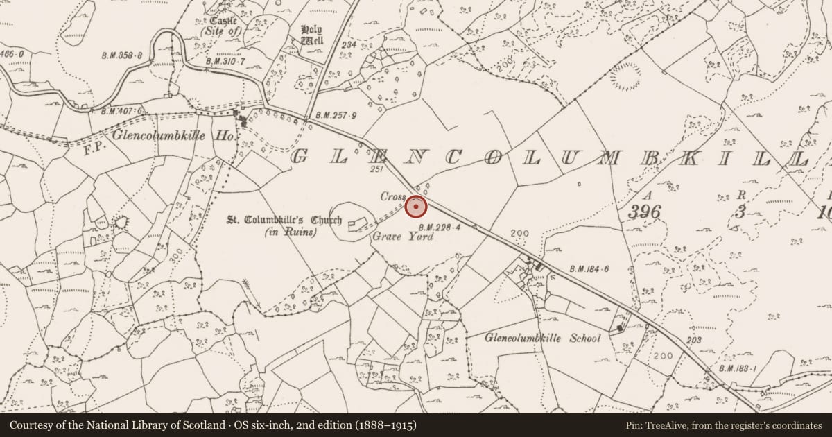 Ordnance Survey six-inch map, 2nd edition (1888–1915) covering the location of Cross - Wayside cross, Glencolumbkille South, County Clare, with a pin at the register's coordinates