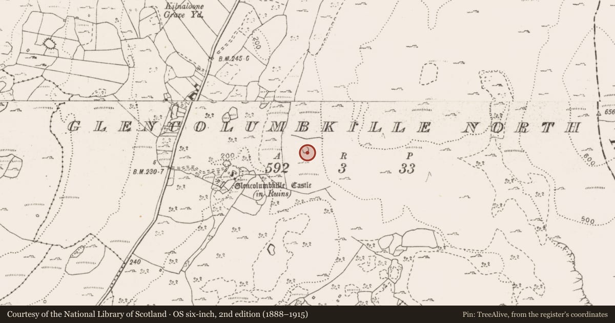 Ordnance Survey six-inch map, 2nd edition (1888–1915) covering the location of Enclosure, Glencolumbkille North, County Clare, with a pin at the register's coordinates