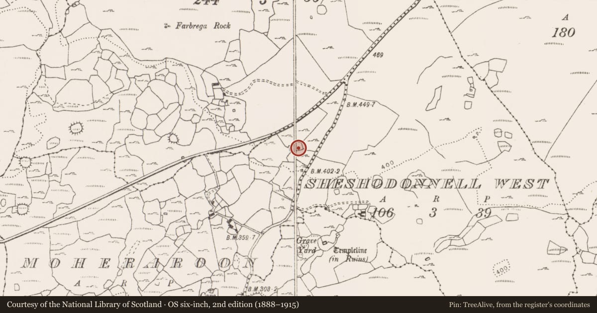 Ordnance Survey six-inch map, 2nd edition (1888–1915) covering the location of Enclosure, Moheraroon, County Clare, with a pin at the register's coordinates