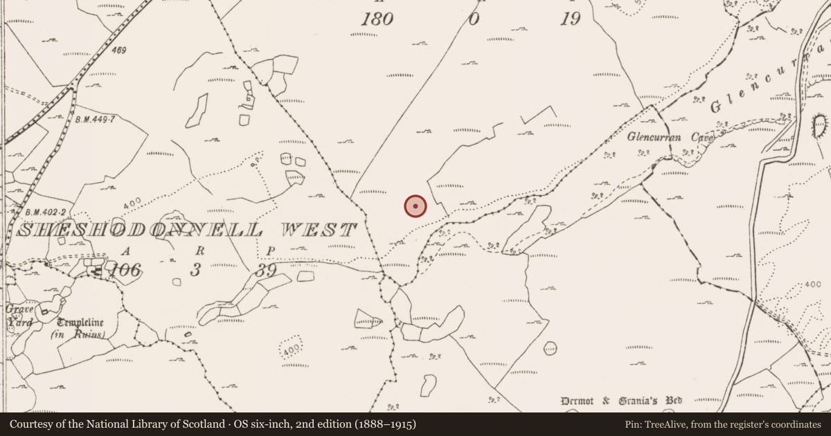 Ordnance Survey six-inch map, 2nd edition (1888–1915) covering the location of Hut site, Poulaphuca, County Clare, with a pin at the register's coordinates