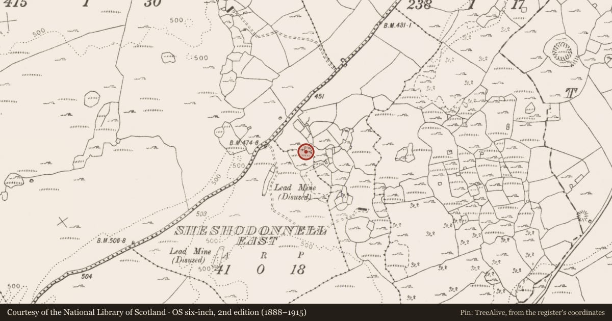Ordnance Survey six-inch map, 2nd edition (1888–1915) covering the location of Enclosure, Poulaphuca, Sheshodonnell East, County Clare, with a pin at the register's coordinates