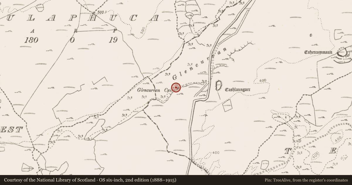 Ordnance Survey six-inch map, 2nd edition (1888–1915) covering the location of Cave, Tullycommon, County Clare, with a pin at the register's coordinates