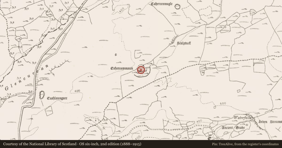 Ordnance Survey six-inch map, 2nd edition (1888–1915) covering the location of Ringfort - cashel, Tullycommon, County Clare, with a pin at the register's coordinates