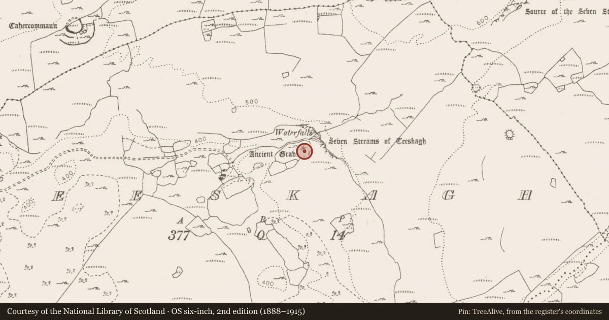 Ordnance Survey six-inch map, 2nd edition (1888–1915) covering the location of Cairn - burial cairn, Teeskagh, County Clare, with a pin at the register's coordinates