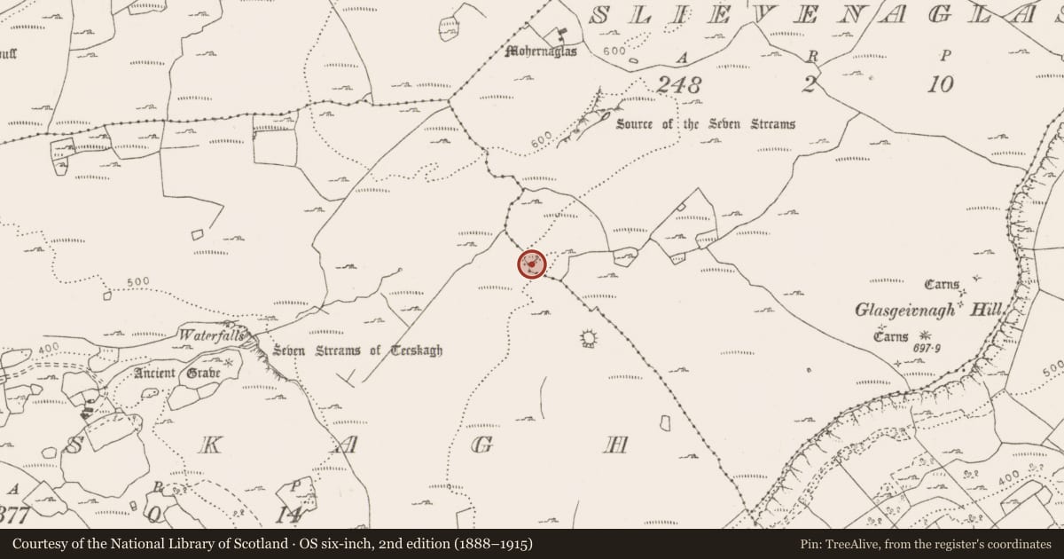 Ordnance Survey six-inch map, 2nd edition (1888–1915) covering the location of Ringfort - cashel, Slievenaglasha, Teeskagh, County Clare, with a pin at the register's coordinates
