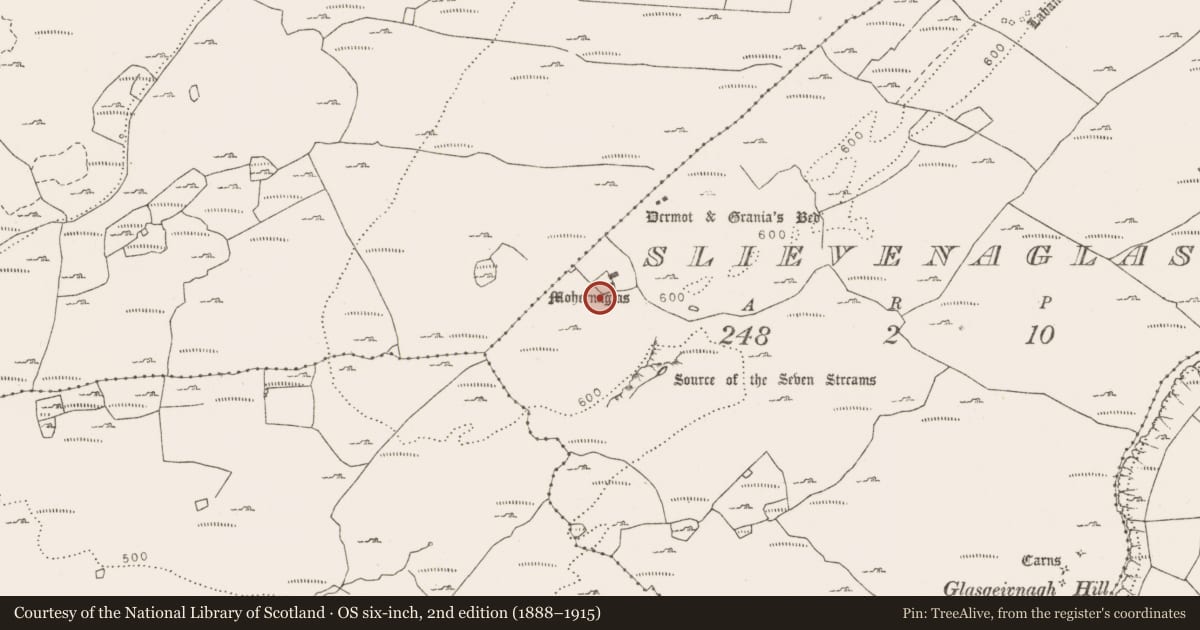 Ordnance Survey six-inch map, 2nd edition (1888–1915) covering the location of Enclosure, Slievenaglasha, County Clare, with a pin at the register's coordinates