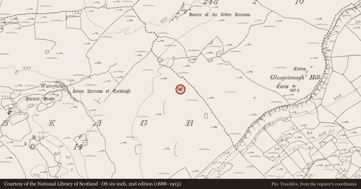 Ordnance Survey six-inch map, 2nd edition (1888–1915) covering the location of Enclosure, Teeskagh, County Clare, with a pin at the register's coordinates