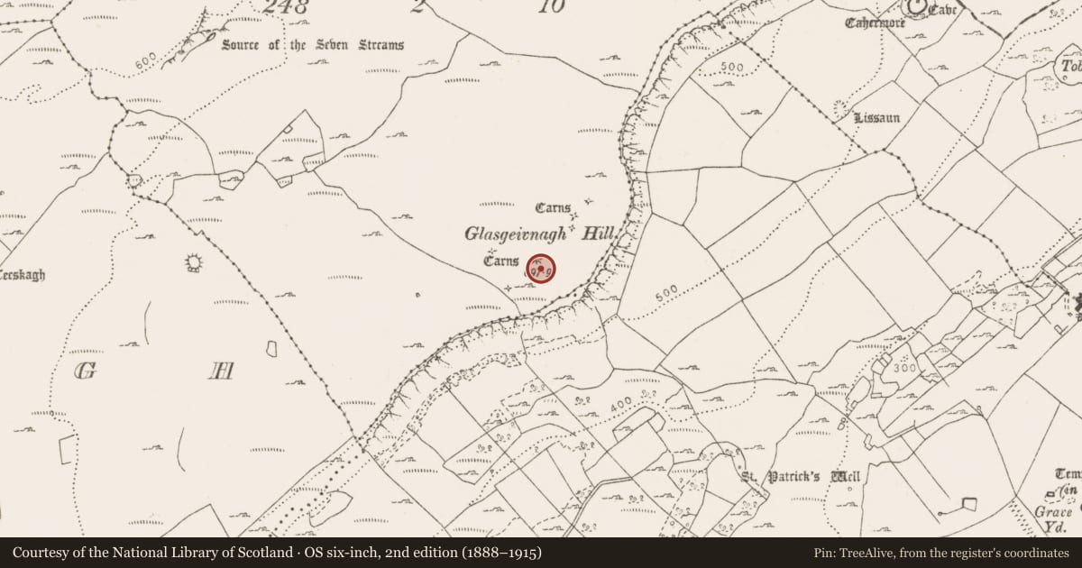 Ordnance Survey six-inch map, 2nd edition (1888–1915) covering the location of Cairn - unclassified, Slievenaglasha, County Clare, with a pin at the register's coordinates