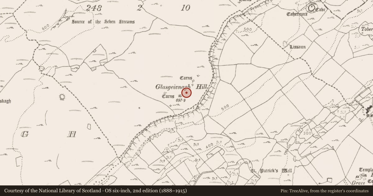 Ordnance Survey six-inch map, 2nd edition (1888–1915) covering the location of Cairn - unclassified, Slievenaglasha, County Clare, with a pin at the register's coordinates