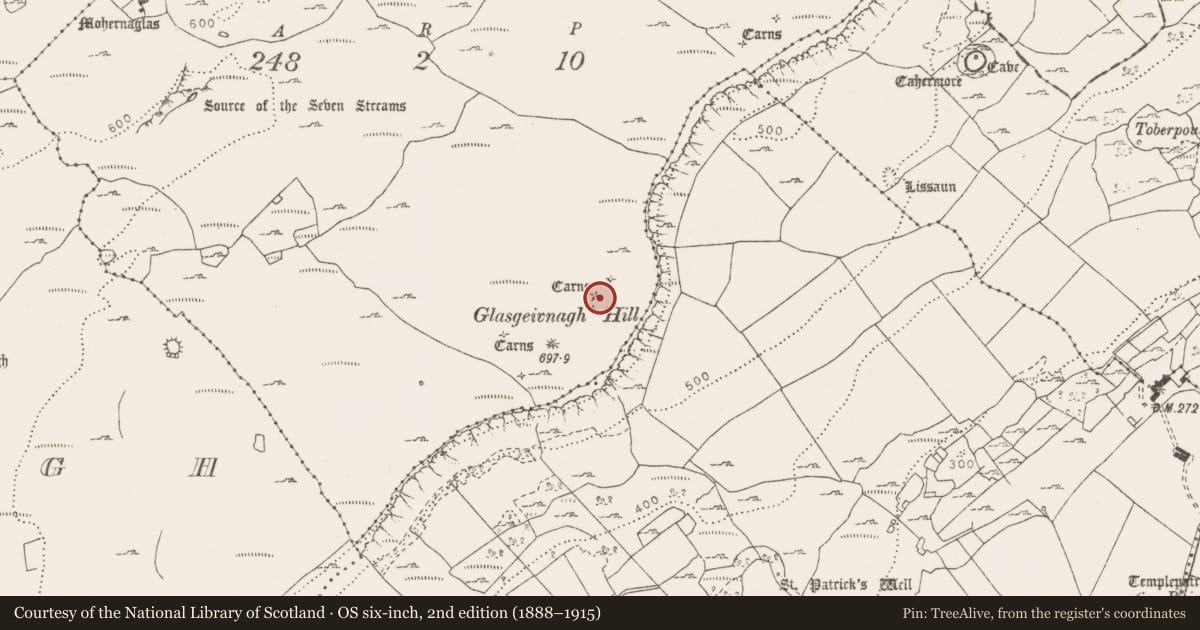 Ordnance Survey six-inch map, 2nd edition (1888–1915) covering the location of Cairn - unclassified, Slievenaglasha, County Clare, with a pin at the register's coordinates