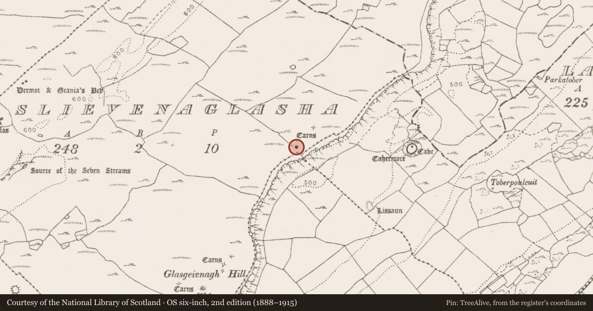 Ordnance Survey six-inch map, 2nd edition (1888–1915) covering the location of Cairn - unclassified, Slievenaglasha, County Clare, with a pin at the register's coordinates
