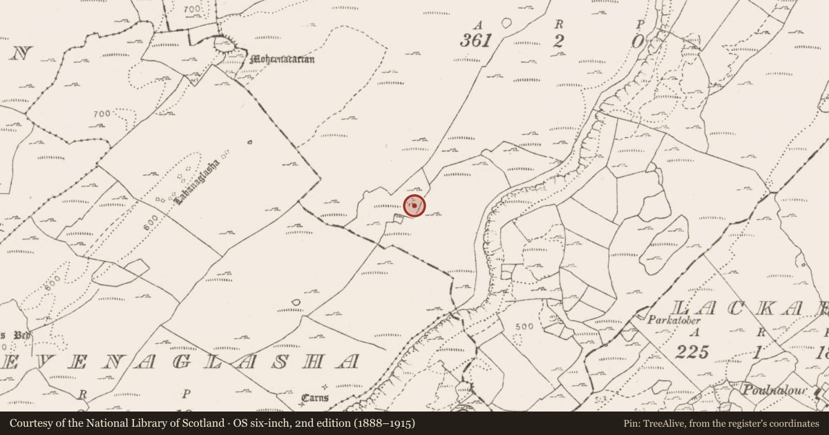 Ordnance Survey six-inch map, 2nd edition (1888–1915) covering the location of Hut site, Knockans Upper, County Clare, with a pin at the register's coordinates