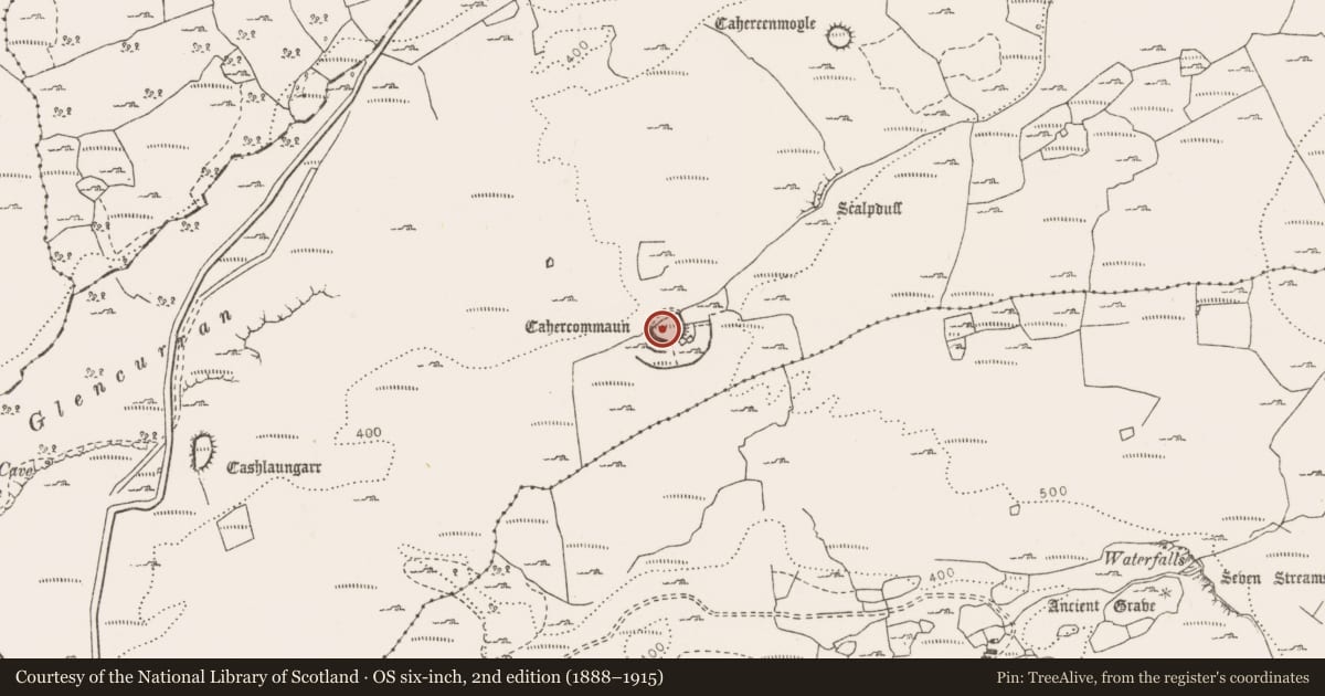 Ordnance Survey six-inch map, 2nd edition (1888–1915) covering the location of Souterrain, Tullycommon, County Clare, with a pin at the register's coordinates