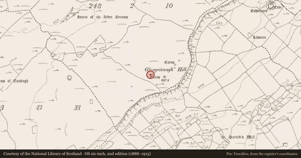 Ordnance Survey six-inch map, 2nd edition (1888–1915) covering the location of Cist, Slievenaglasha, County Clare, with a pin at the register's coordinates