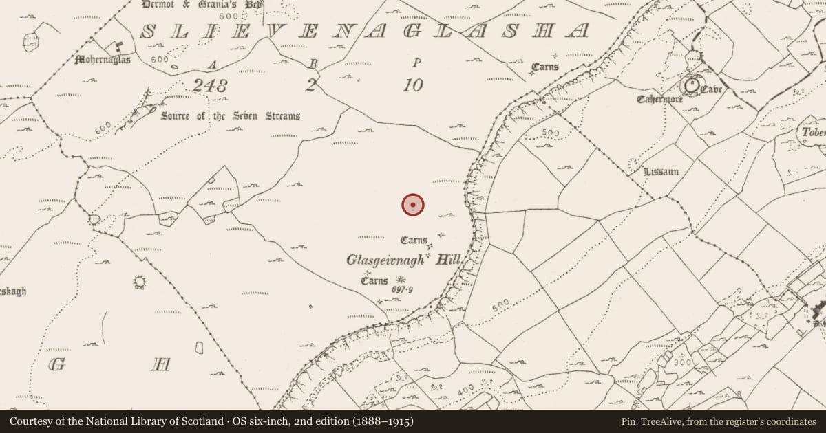 Ordnance Survey six-inch map, 2nd edition (1888–1915) covering the location of Cairn - unclassified, Slievenaglasha, County Clare, with a pin at the register's coordinates