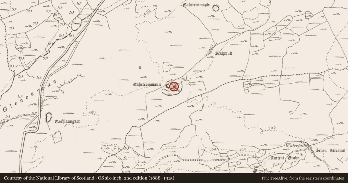 Ordnance Survey six-inch map, 2nd edition (1888–1915) covering the location of Building, Tullycommon, County Clare, with a pin at the register's coordinates