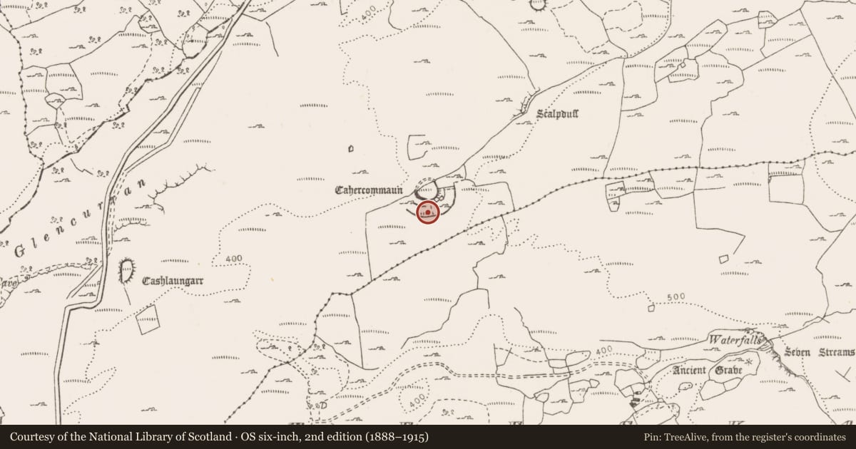 Ordnance Survey six-inch map, 2nd edition (1888–1915) covering the location of Hut site, Tullycommon, County Clare, with a pin at the register's coordinates