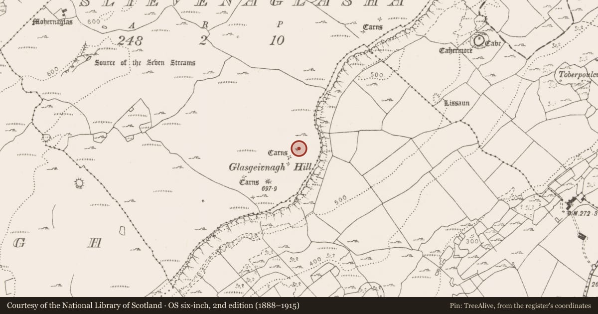 Ordnance Survey six-inch map, 2nd edition (1888–1915) covering the location of Cist, Slievenaglasha, County Clare, with a pin at the register's coordinates