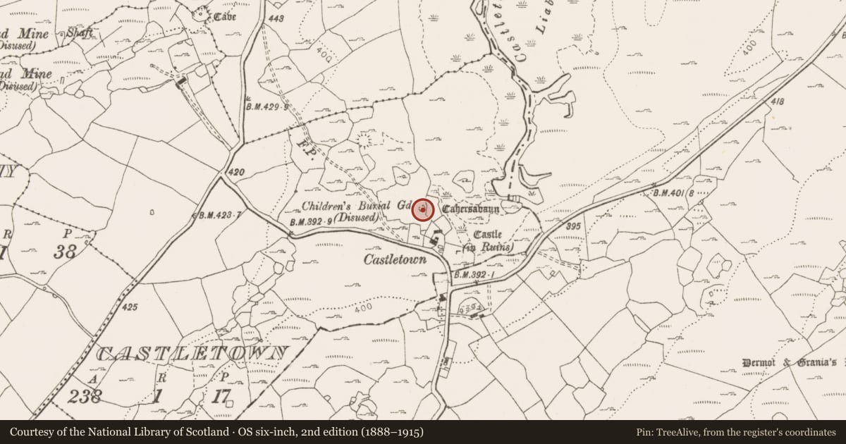 Ordnance Survey six-inch map, 2nd edition (1888–1915) covering the location of Children's burial ground, Castletown, County Clare, with a pin at the register's coordinates