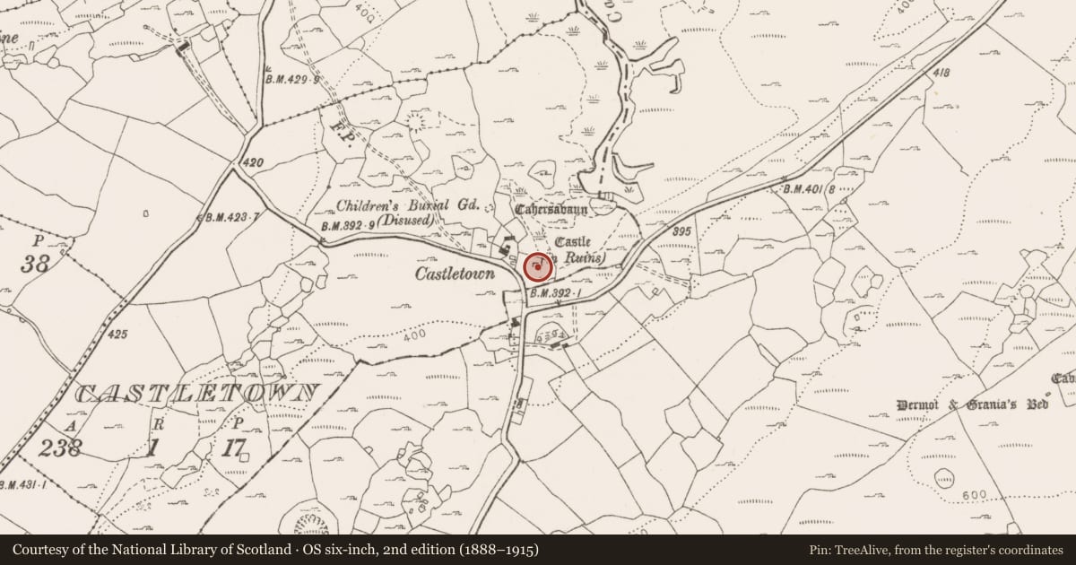 Ordnance Survey six-inch map, 2nd edition (1888–1915) covering the location of Castle - tower house, Castletown, County Clare, with a pin at the register's coordinates