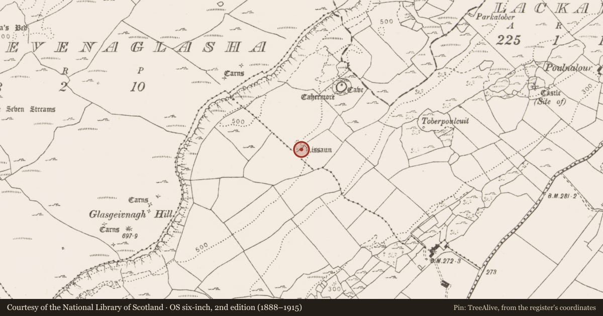 Ordnance Survey six-inch map, 2nd edition (1888–1915) covering the location of Ringfort - cashel, Lackareagh, County Clare, with a pin at the register's coordinates