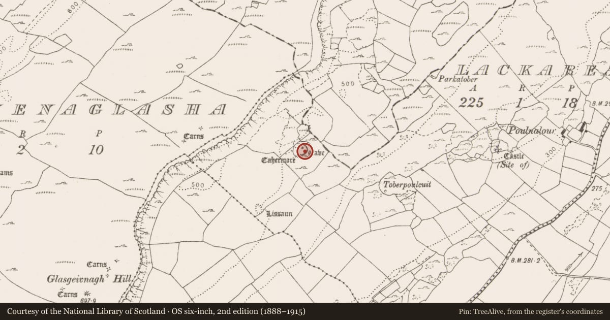 Ordnance Survey six-inch map, 2nd edition (1888–1915) covering the location of Souterrain, Lackareagh, County Clare, with a pin at the register's coordinates