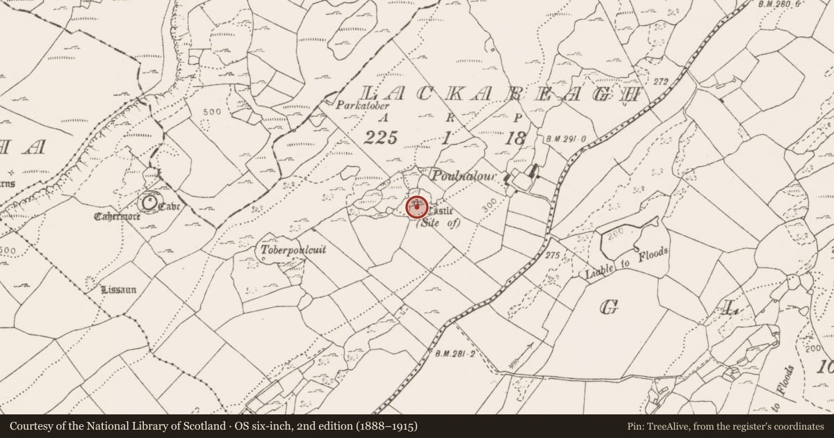 Ordnance Survey six-inch map, 2nd edition (1888–1915) covering the location of Castle - unclassified, Lackareagh, County Clare, with a pin at the register's coordinates